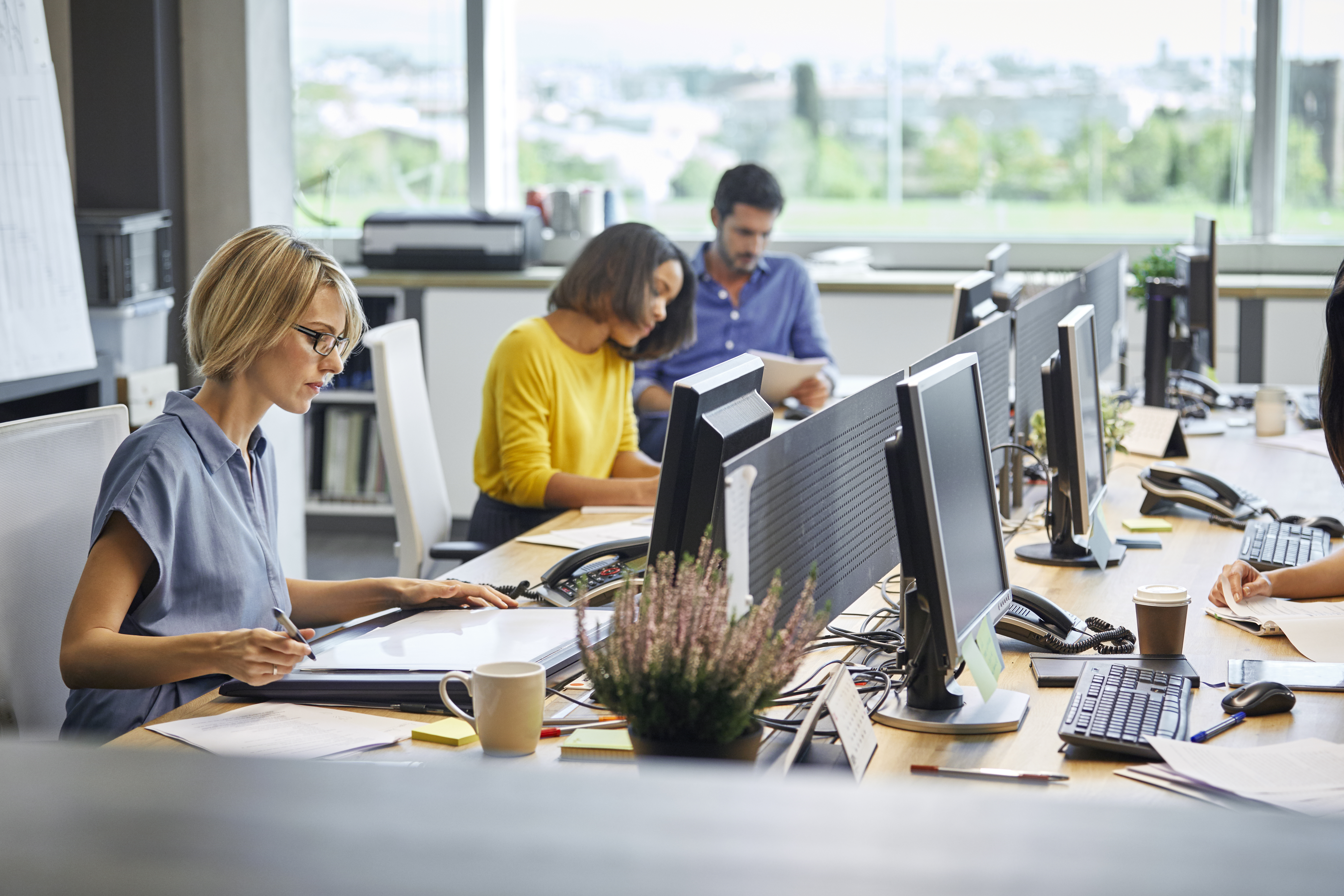 Colleagues working in desk pods