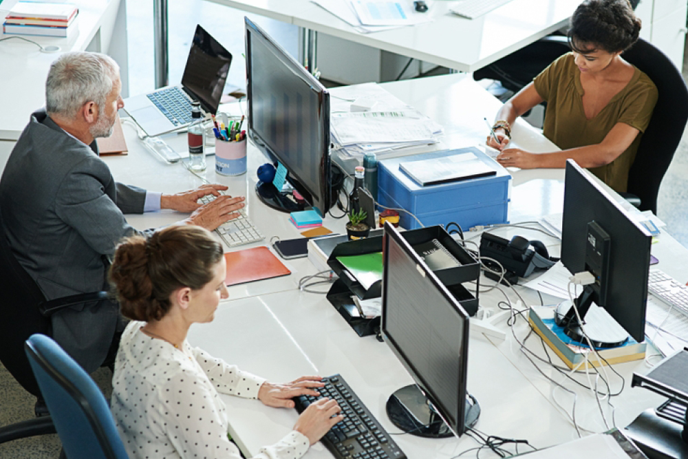 Colleagues working at their desks