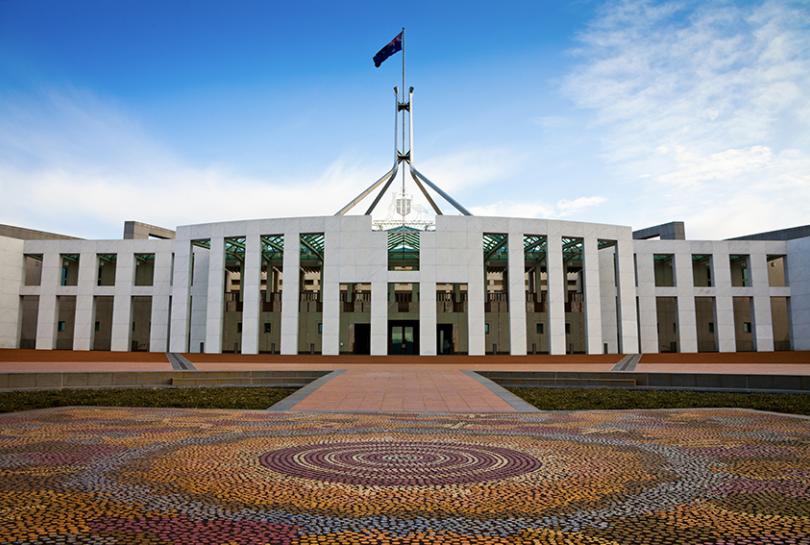 A photo looking at the front of the Australian Parliament building
